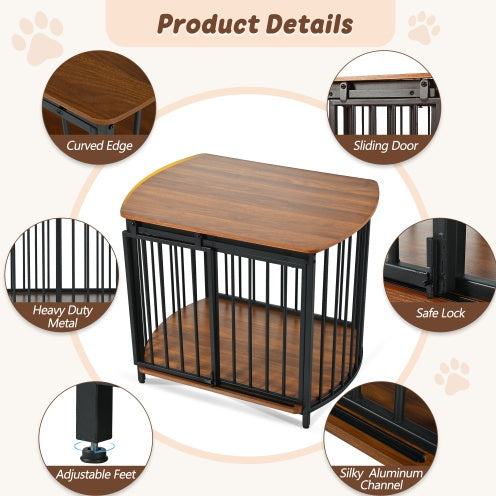 Wood-top dog crate diagram with curved edge, vertical bars, and dark metal frame.