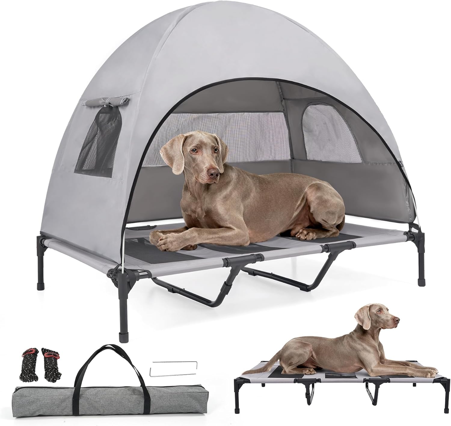 Gray elevated outdoor dog bed with cooling canopy and raised metal frame