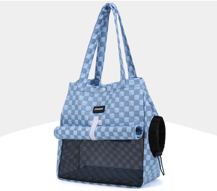 Small portable cat shoulder bag with blue check pattern and black front panel.