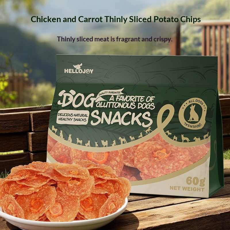 Chicken and carrot dog snack bag with orange thin chip treats in a white bowl.
