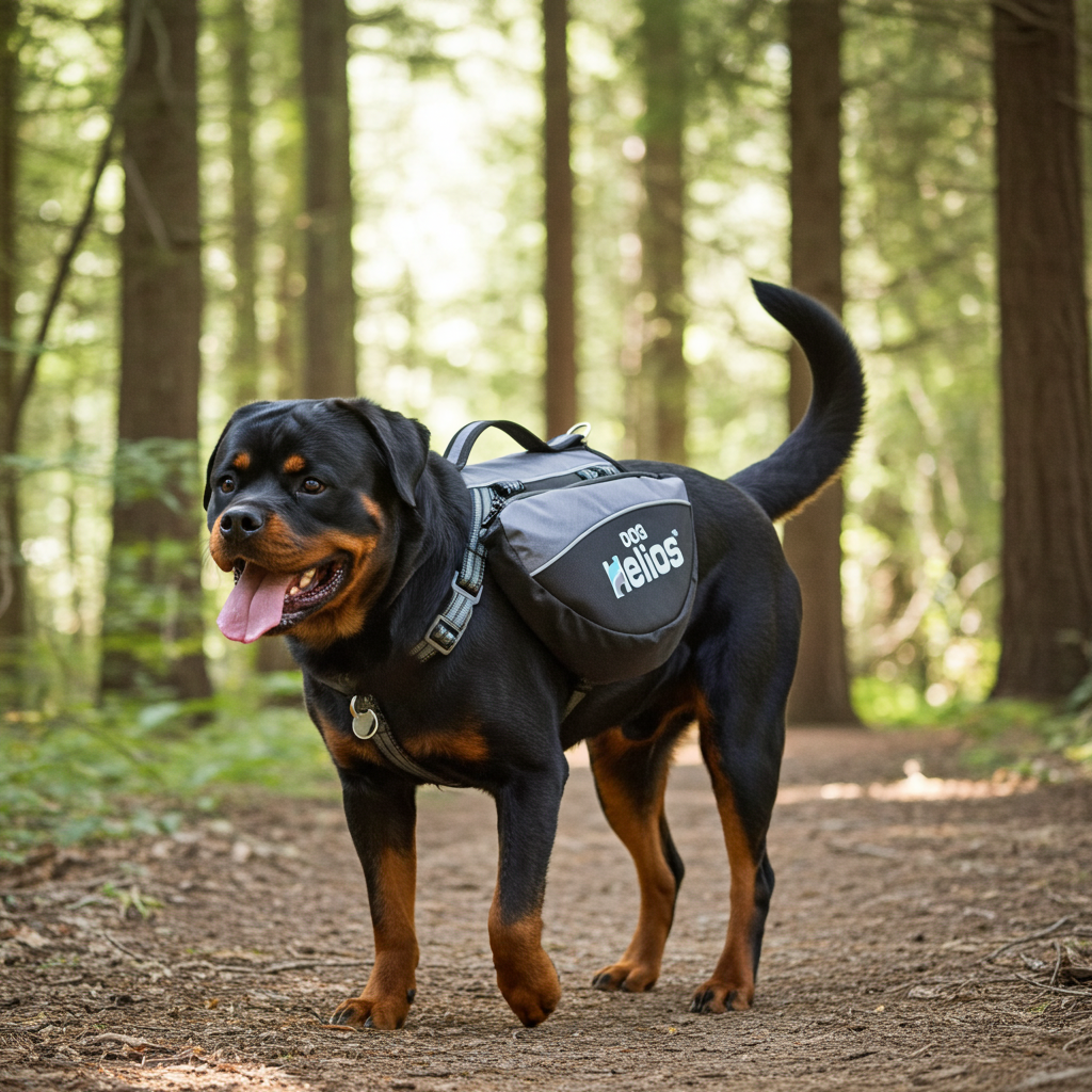 Dog backpack harness with padded straps and gray waterproof pack on a dog