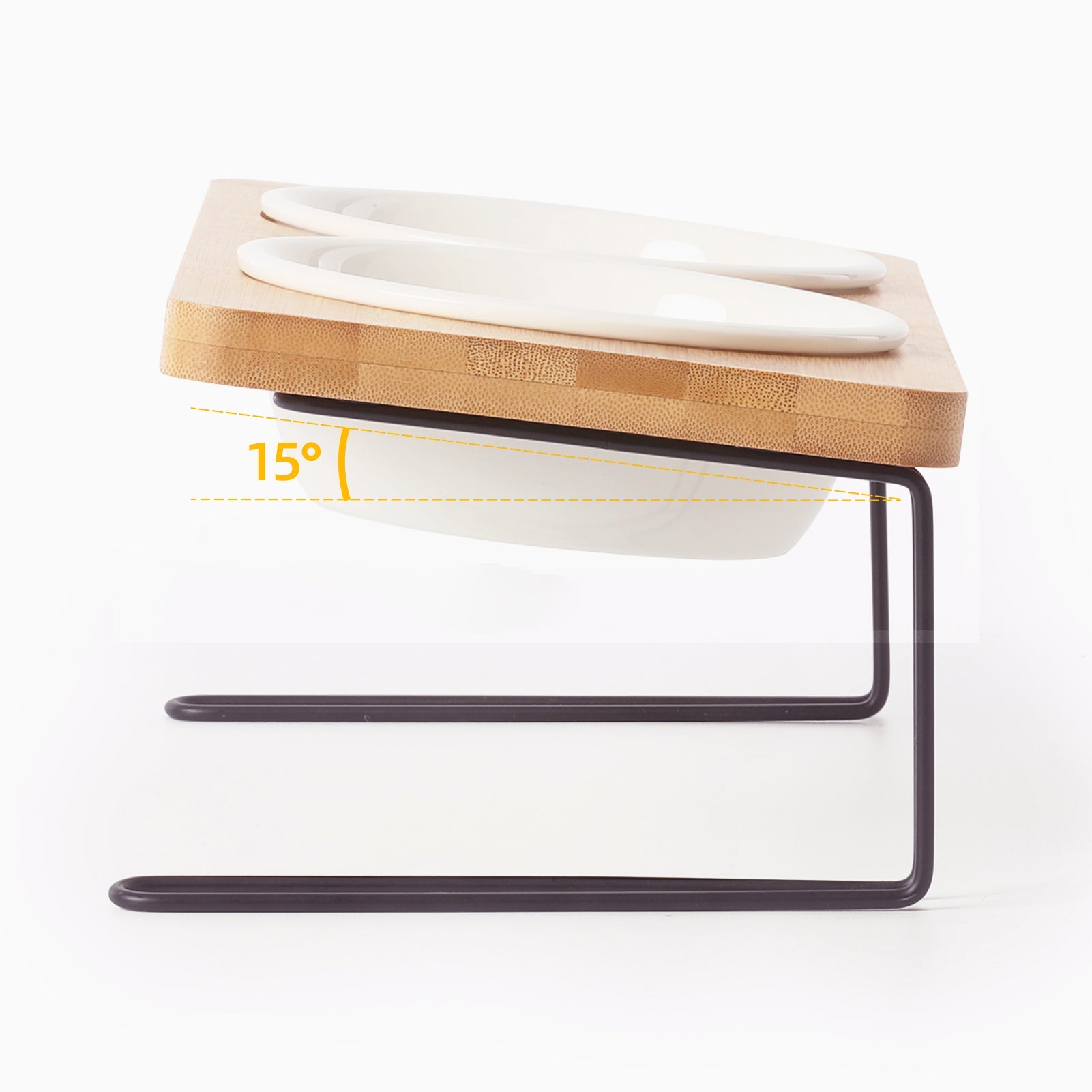 Two white ceramic bowls on bamboo tray with black metal stand
