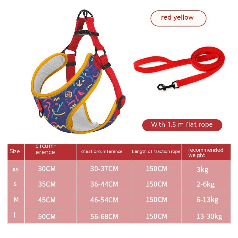 Red patterned dog vest harness with yellow piping and flat rope leash