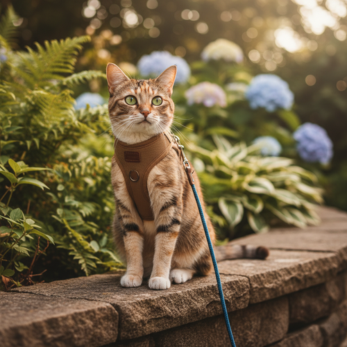 Brown canvas cat chest harness with blue leash set