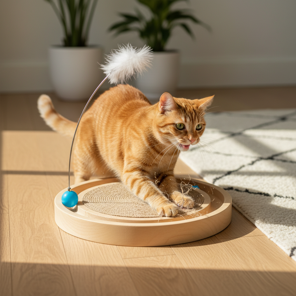 Wooden cat scratch turntable toy with round sisal pad, blue ball track, feather wand