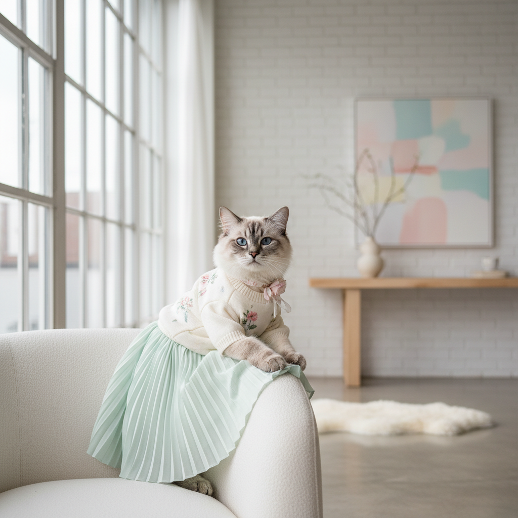 Lightweight female cat dress with floral sweater top and mint pleated skirt