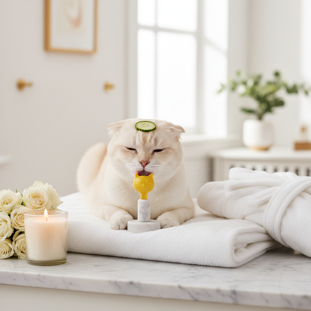 Mess-free lickable cat treat feeder spoon, small yellow dispenser with handle