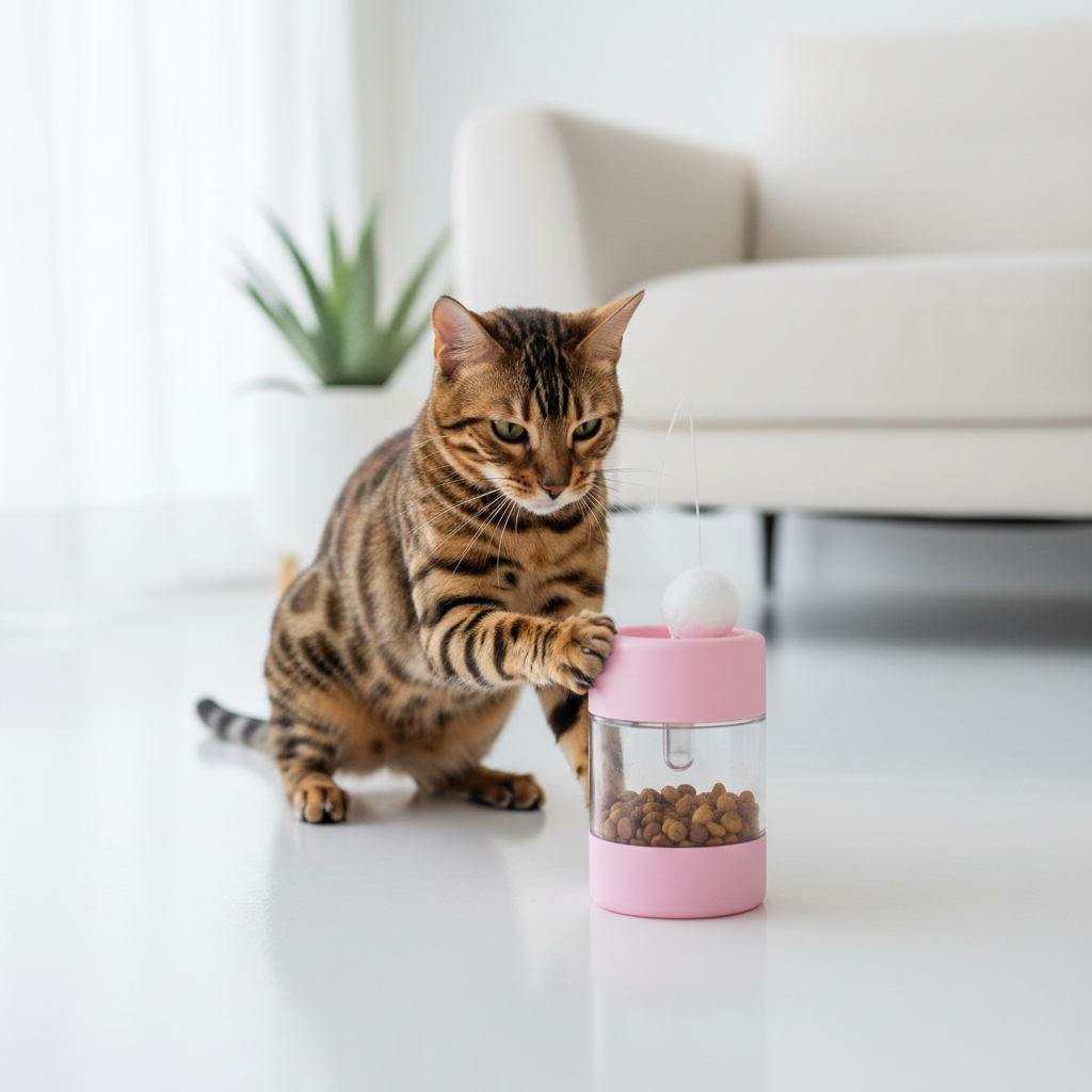 Pink cat treat dispenser tumbler toy with hanging ball and clear kibble container