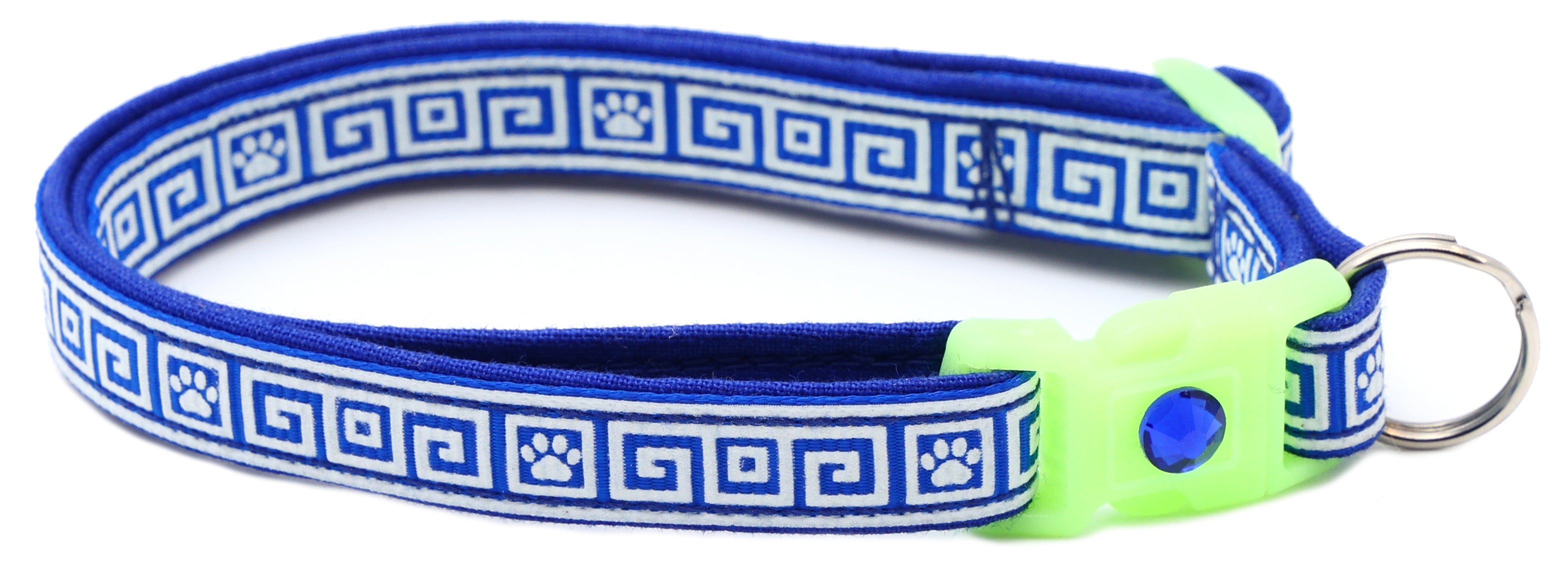 Blue cat collar with Greek key pattern, neon breakaway buckle, blue crystal