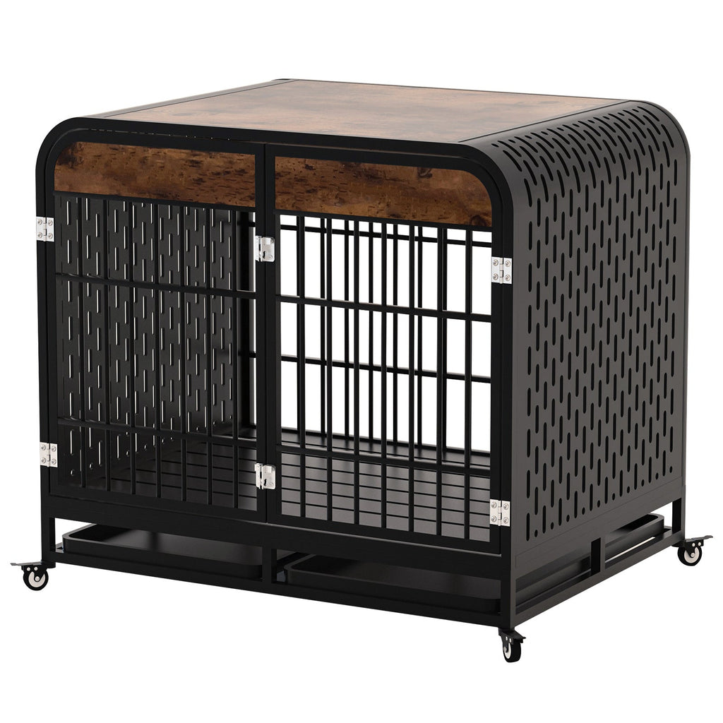 Dog crate furniture front view with open door area, black metal bars, wood top and wheels