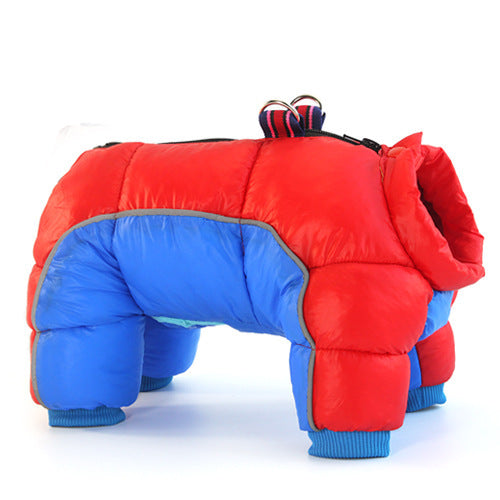 Red and blue hooded pet puffer winter coat with padded body and leg openings