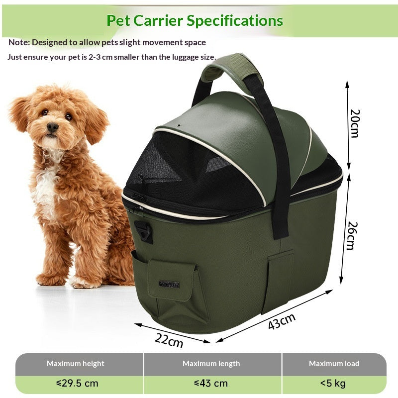 Green rear-mounted pet basket with open top and size diagram, pet pictured beside