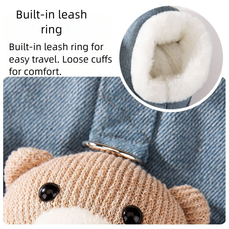 Denim pet vest with built-in leash ring and plush-lined white cuff