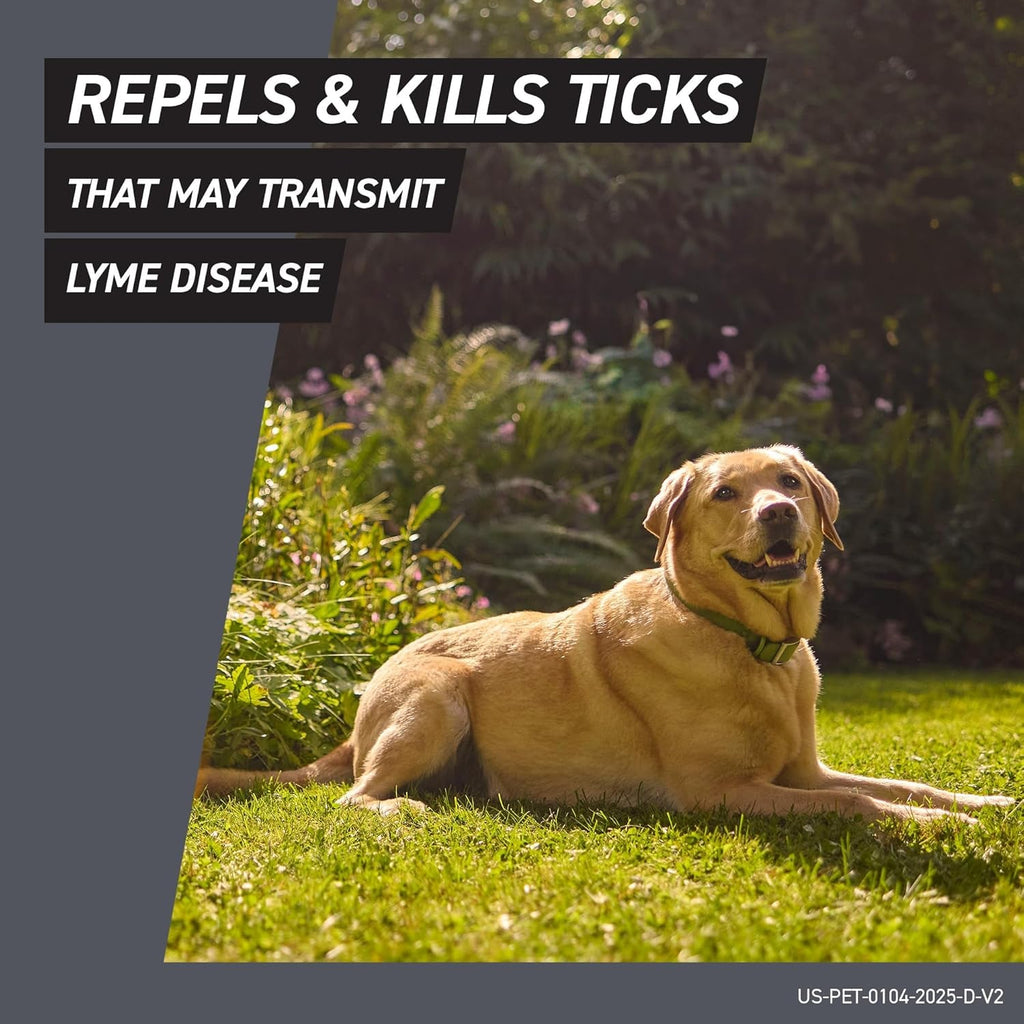 Repels and kills ticks that may transmit Lyme disease graphic with tan dog
