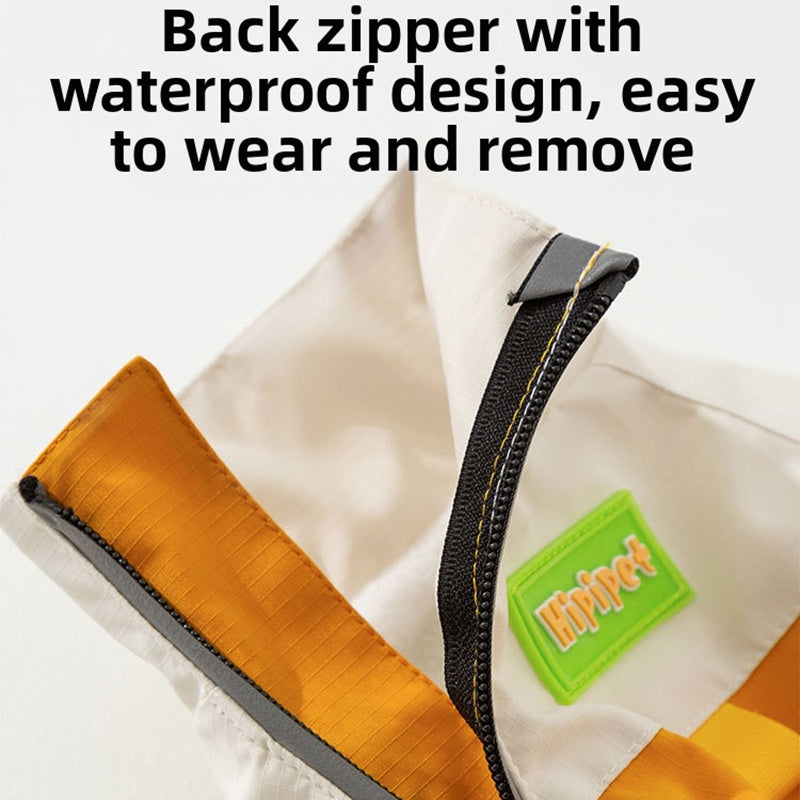 Back zipper on waterproof dog jumpsuit in white with orange panels and black zipper