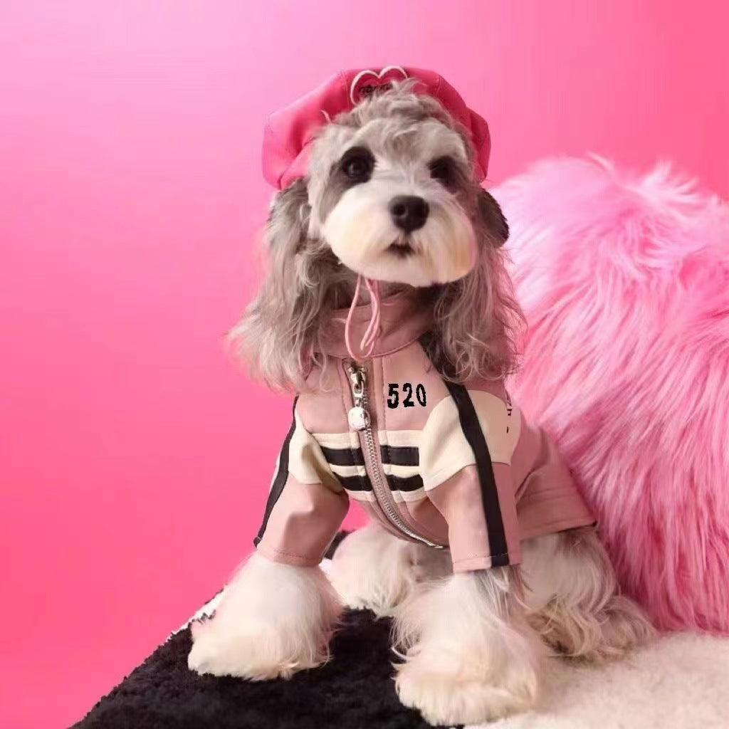 Pet motorcycle jacket coat in pink with zip front and striped sleeves