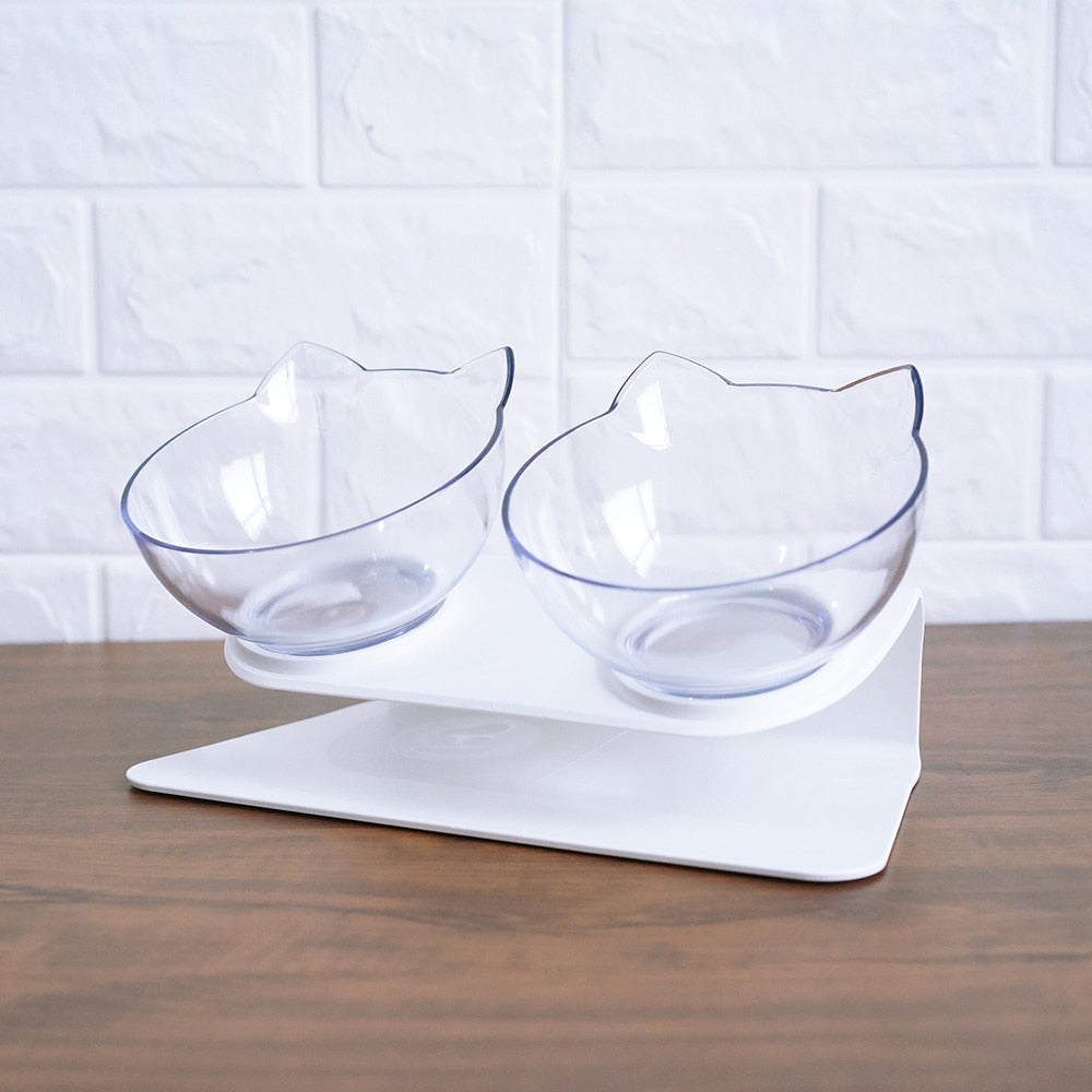 Double raised pet food bowl set with two clear cat-shaped bowls on white base