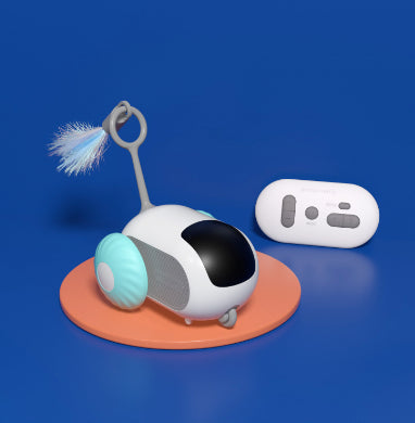 Interactive cat toy car with mint ear, white remote controller, on orange base