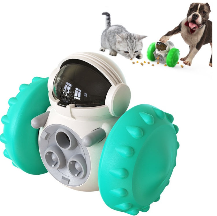 Teal slow-feed balance pet toy car with front wheel openings and clear top window