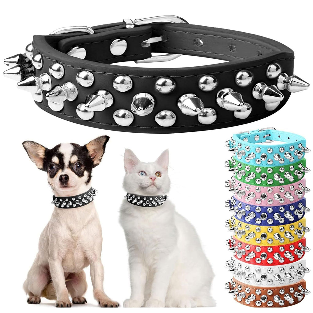 Studded pet collars in multiple colors with metal spikes and silver studs.