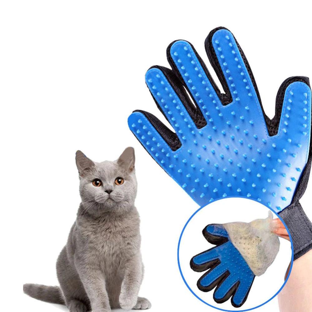 Blue grooming glove with rubber nubs next to a gray cat; inset highlights hair removal.
