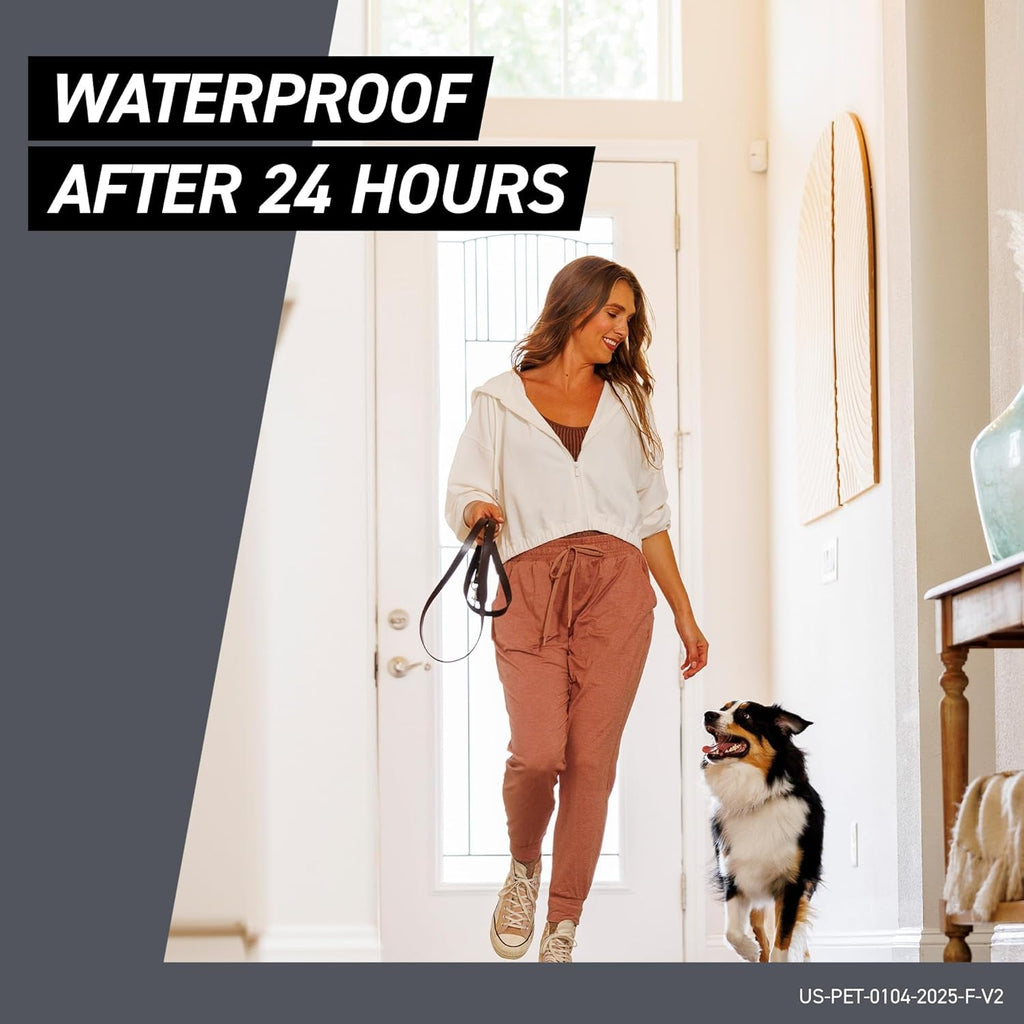 Waterproof after 24 hours graphic with black-and-white dog on leash
