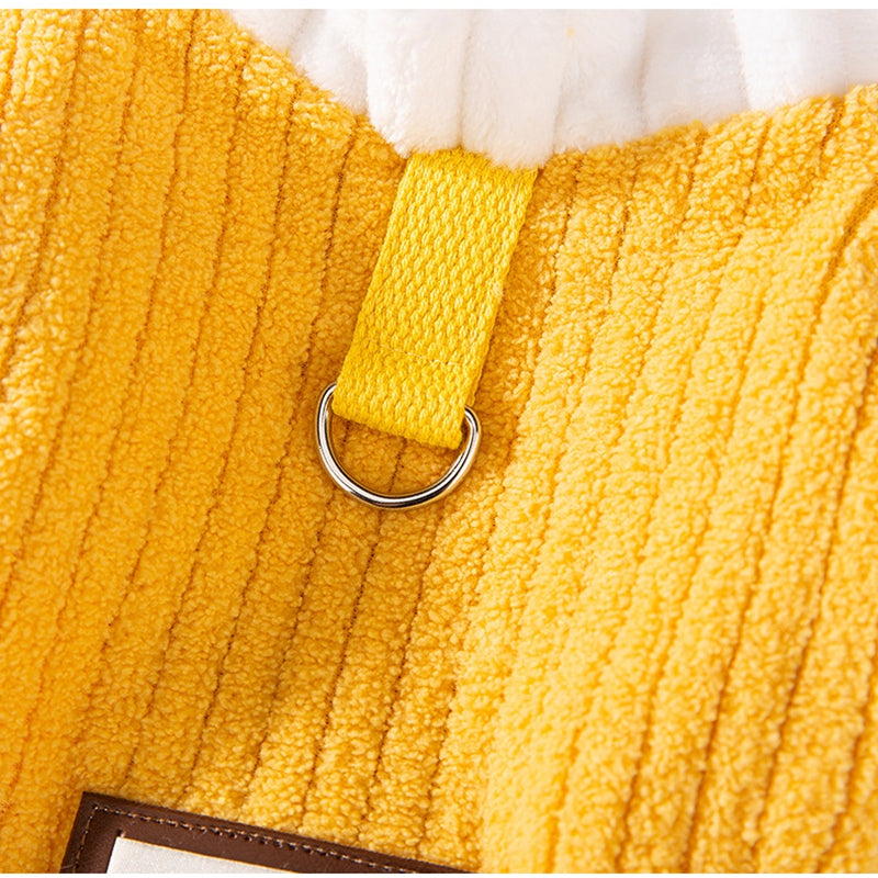 Yellow ribbed fleece pet jumpsuit with white ruffle collar and metal snap ring closure