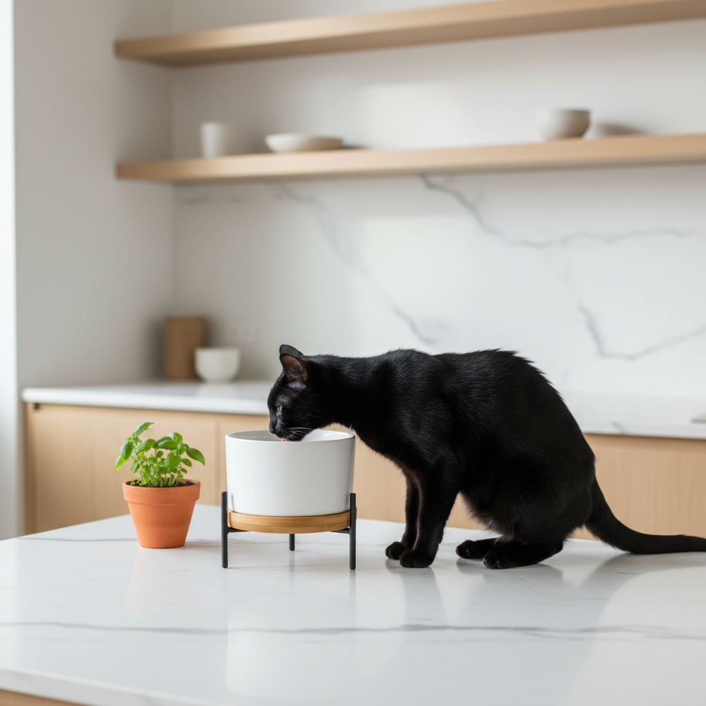 Tall white ceramic cat water bowl on black metal stand with cat nearby