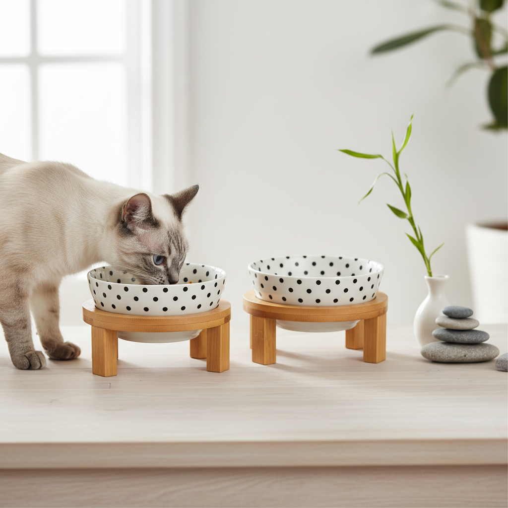 Ceramic pet bowls with black dot pattern on a wooden non-slip stand, set of 2