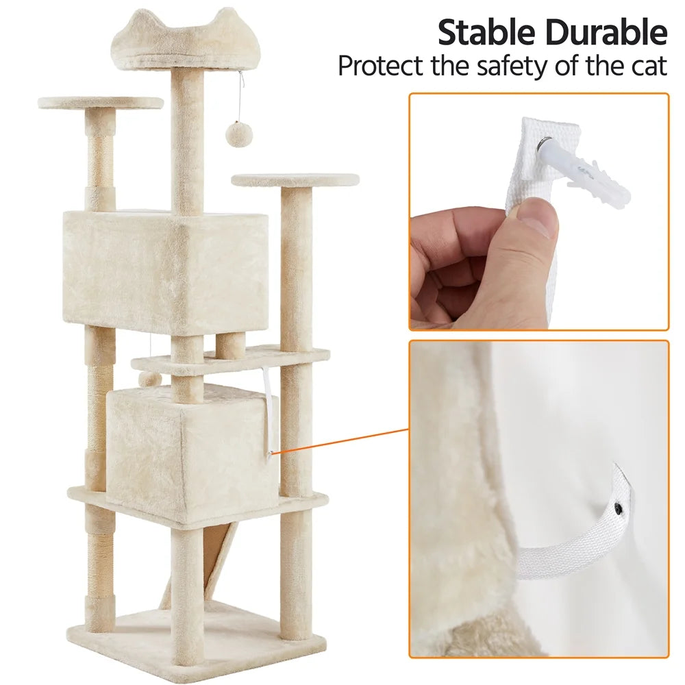Beige cat tree stability detail with protected top area on scratching post