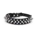 Black studded dog collar with silver metal spikes and studs, adjustable buckle strap.