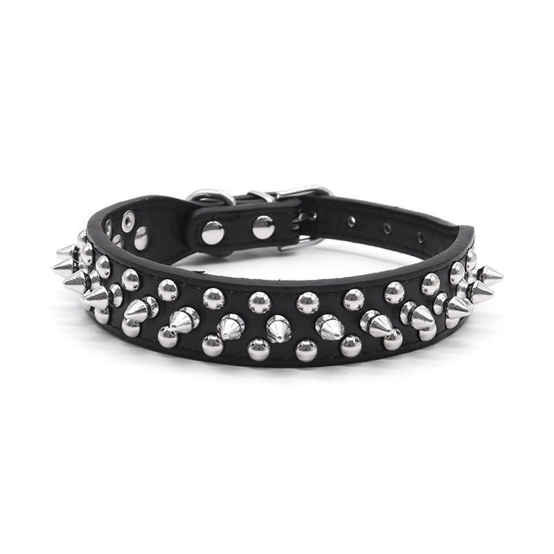 Black studded dog collar with silver metal spikes and studs, adjustable buckle strap.