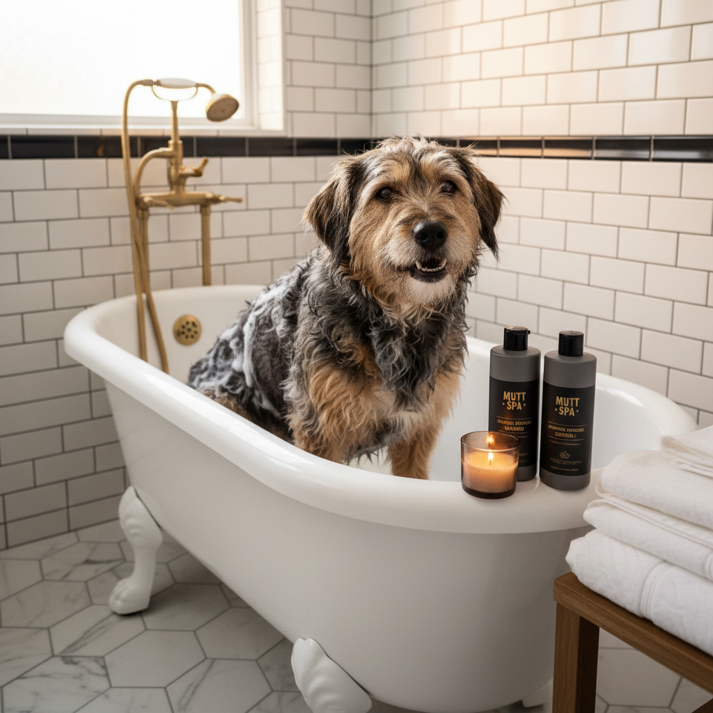 Dog grooming bundle with three dark activated charcoal bottles in bathroom