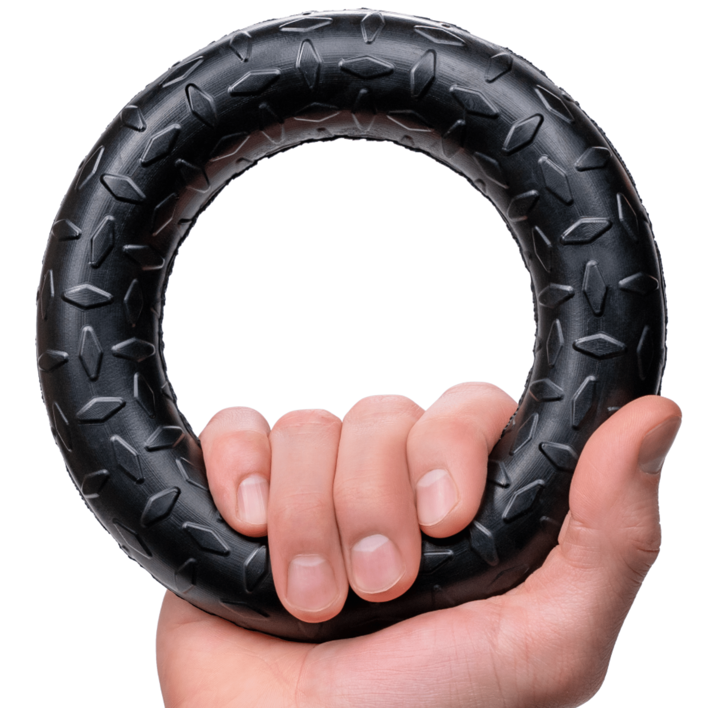 Black rubber chew ring toy with knobby tread texture and finger grip center.