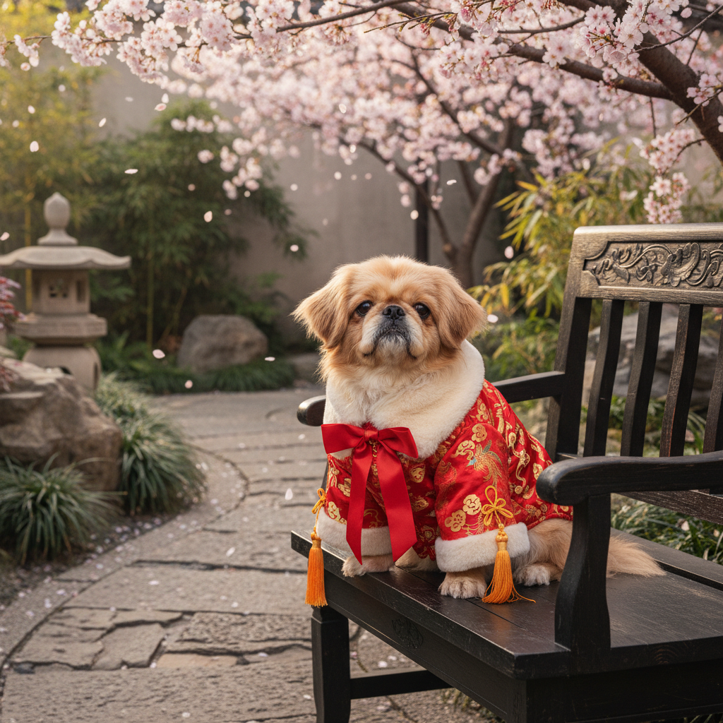 Red Chinese-style pet jacket with faux-fur collar, ribbon bow, and tassel trim