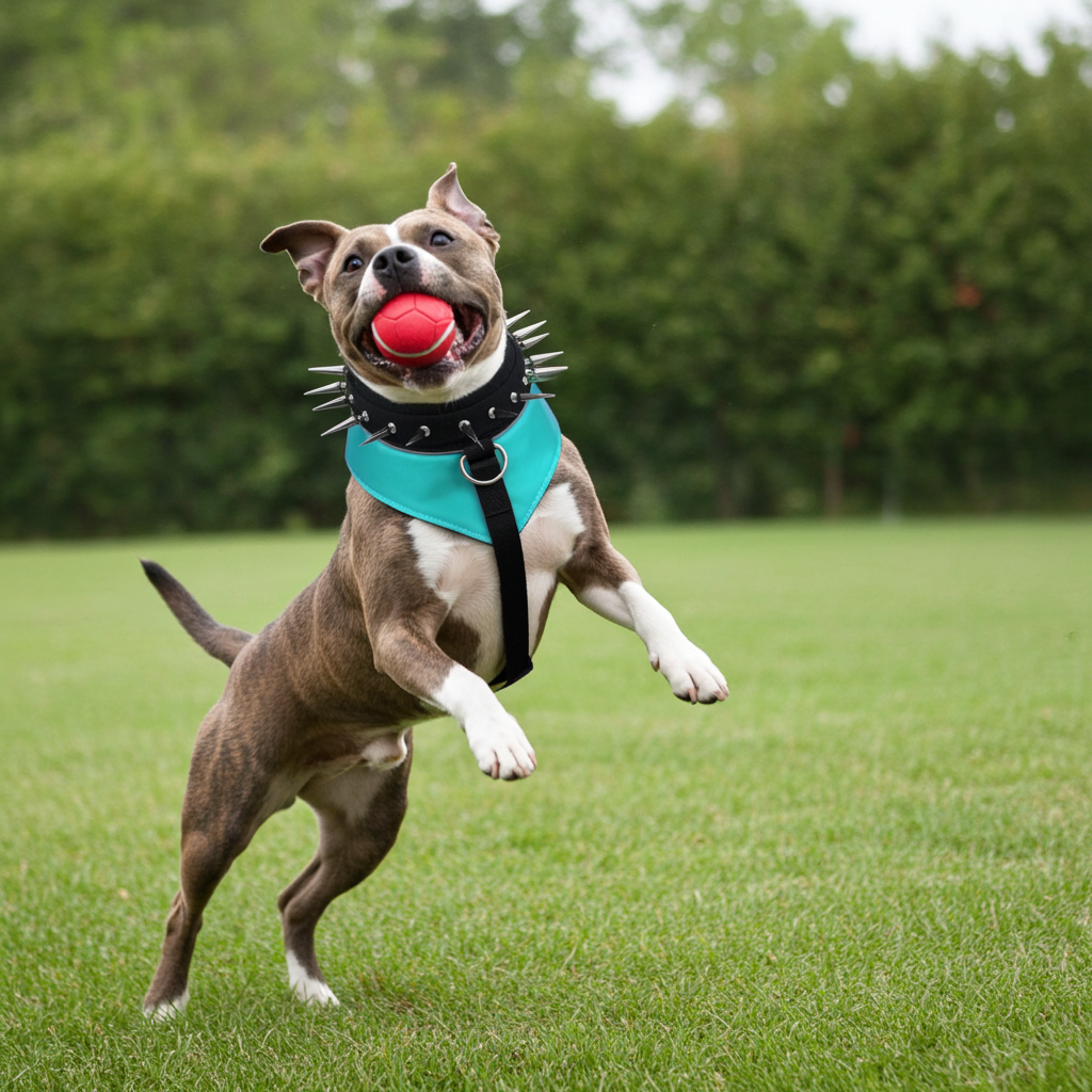 BullyHarness dog harness with turquoise bib and black spiked collar strap