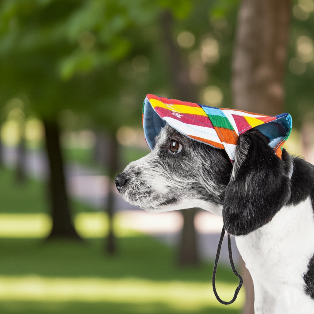 Adjustable dog hat cap with multicolor geometric pattern and chin strap