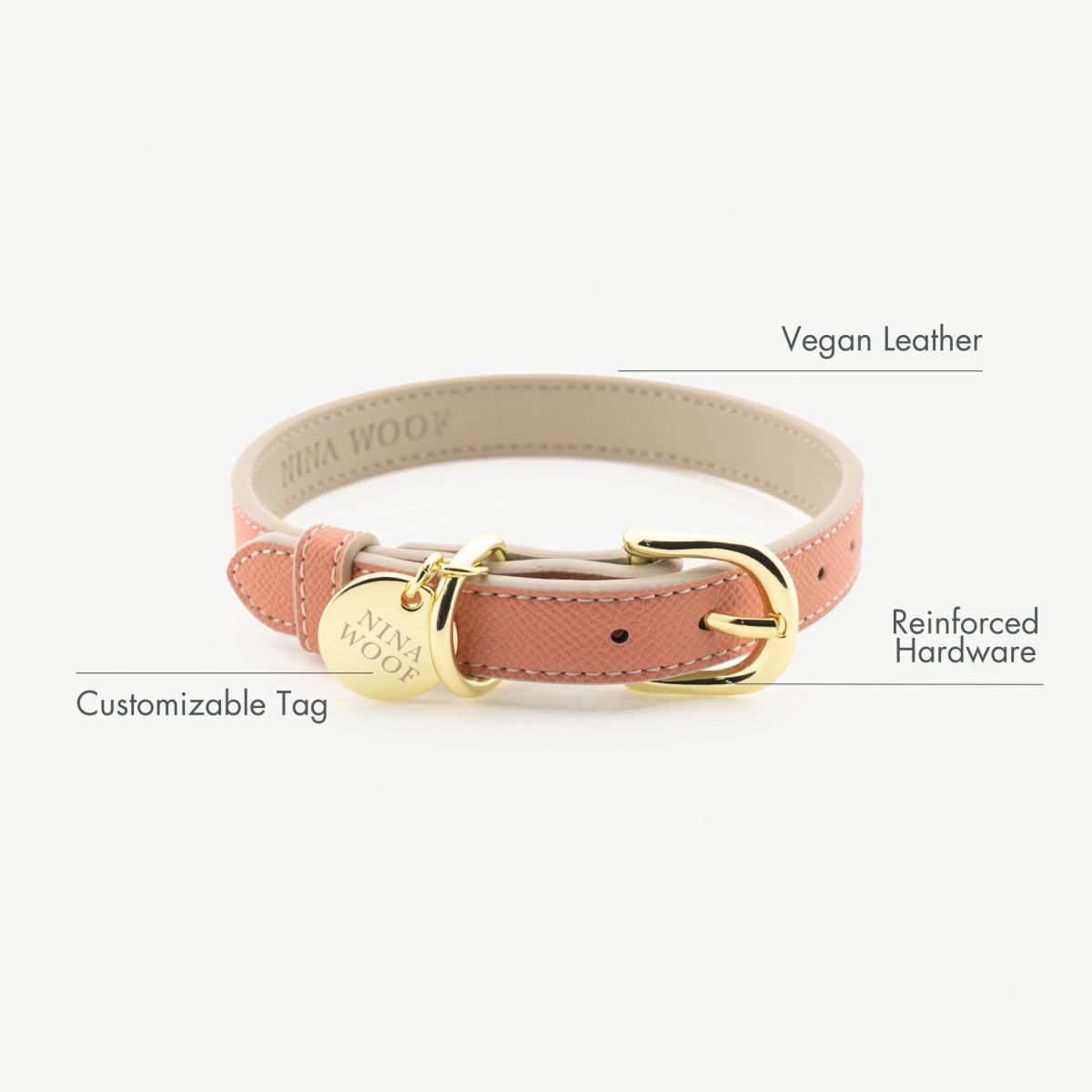 Peach Rio collar with gold buckle, reinforced hardware, round custom tag