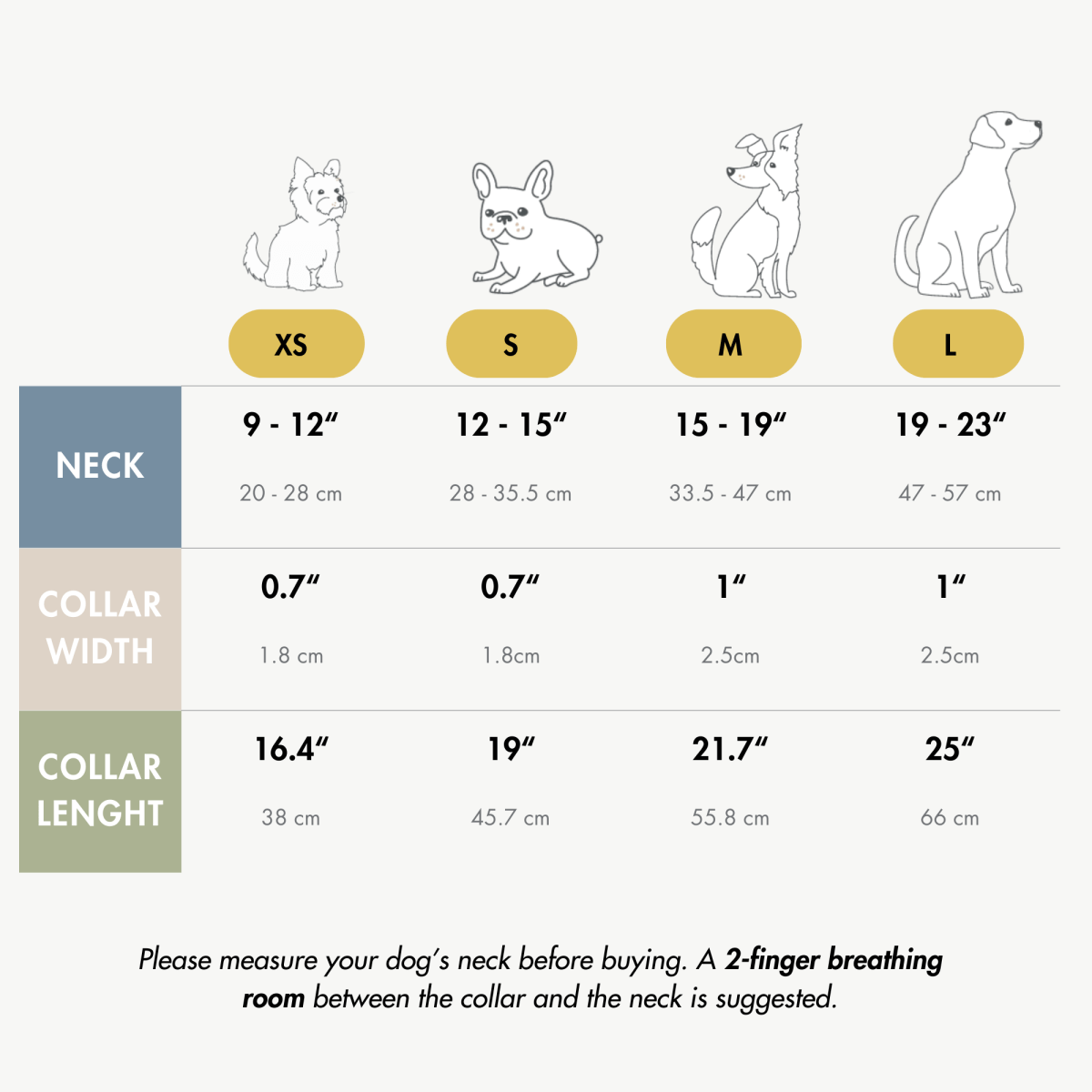 Dog collar size chart with neck, collar width, and collar length for XS–L