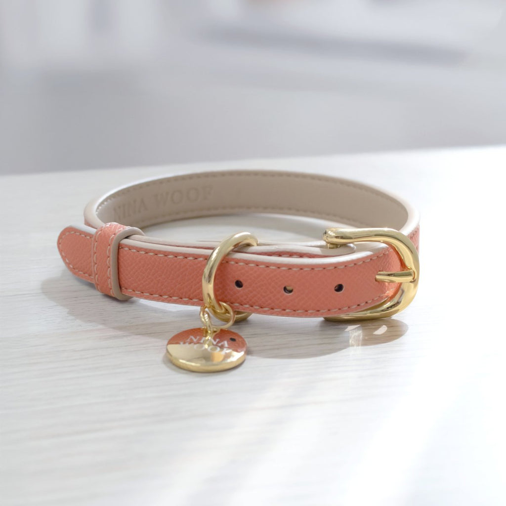 Peach Rio vegan leather dog collar, gold D-ring, round nameplate tag