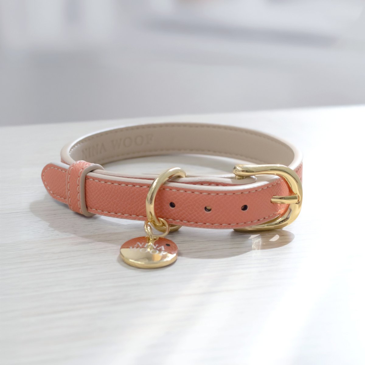 Peach Rio vegan leather dog collar, gold D-ring, round nameplate tag