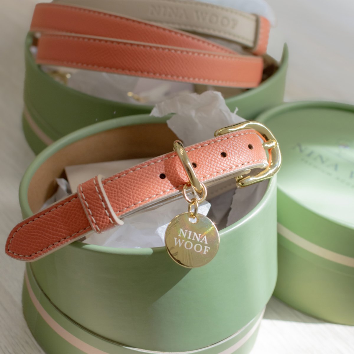 Peach Rio vegan leather collar with gold hardware and round nameplate tag