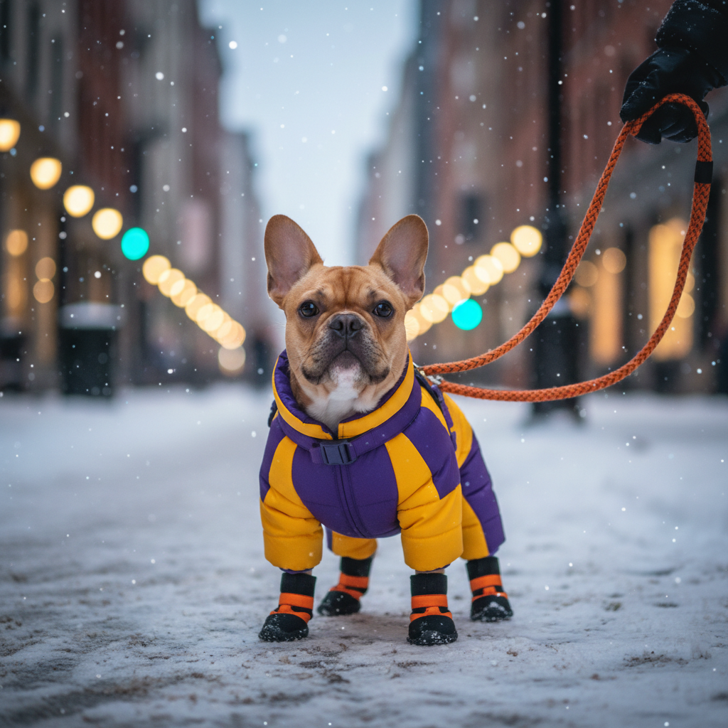 Hooded color-block puffer dog jumpsuit with purple upper and yellow lower