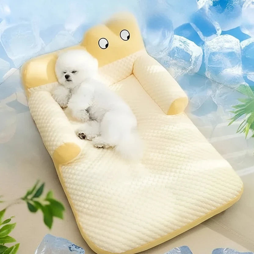 Rock yellow pet sofa bed with backrest; cream textured cushion for dogs and cats