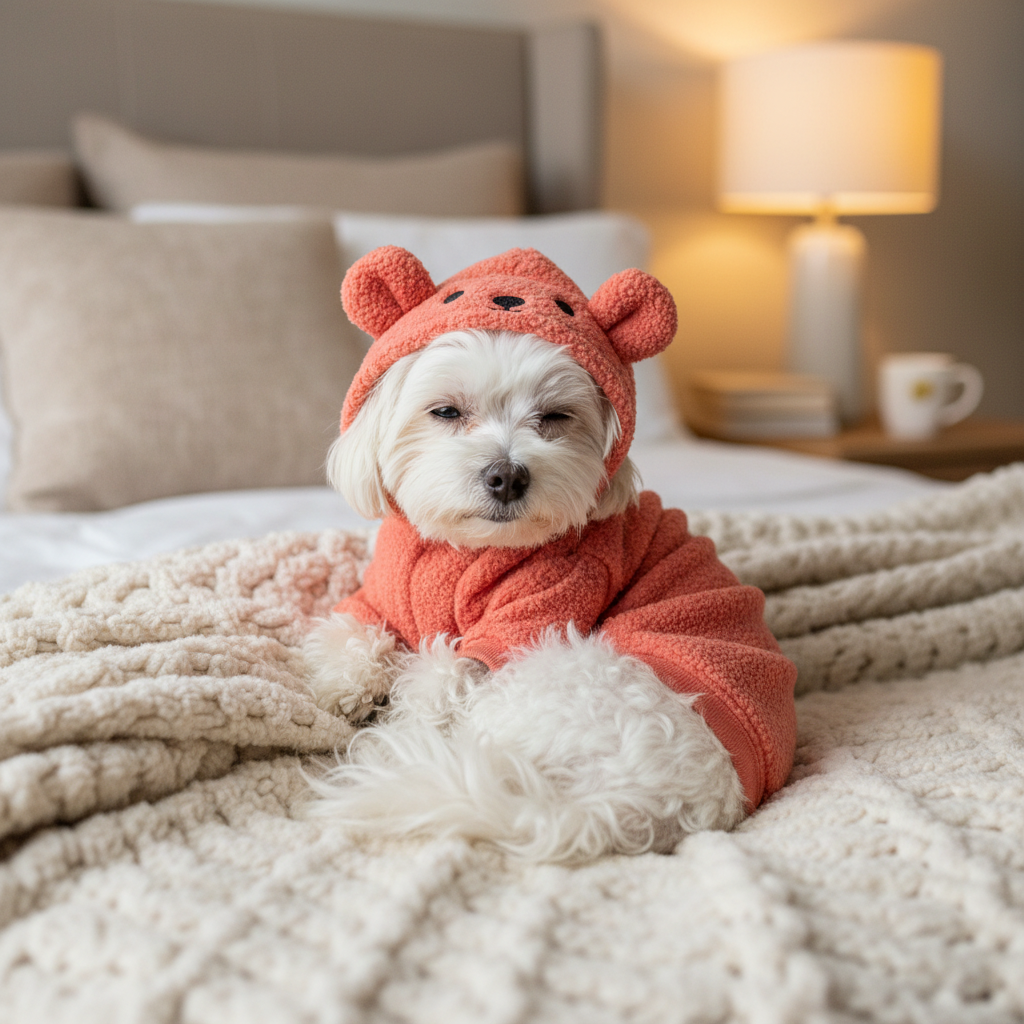 Fleece dog pajamas in rust-orange with bear-style hood and fuzzy ears