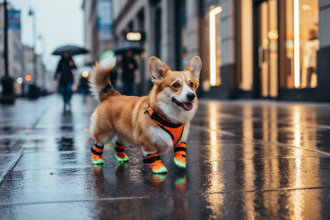 Waterproof dog shoes with double Velcro and glowing soles, orange and green.