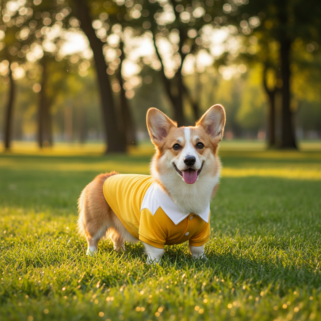Yellow dog polo shirt with white trim, button placket, and short sleeves