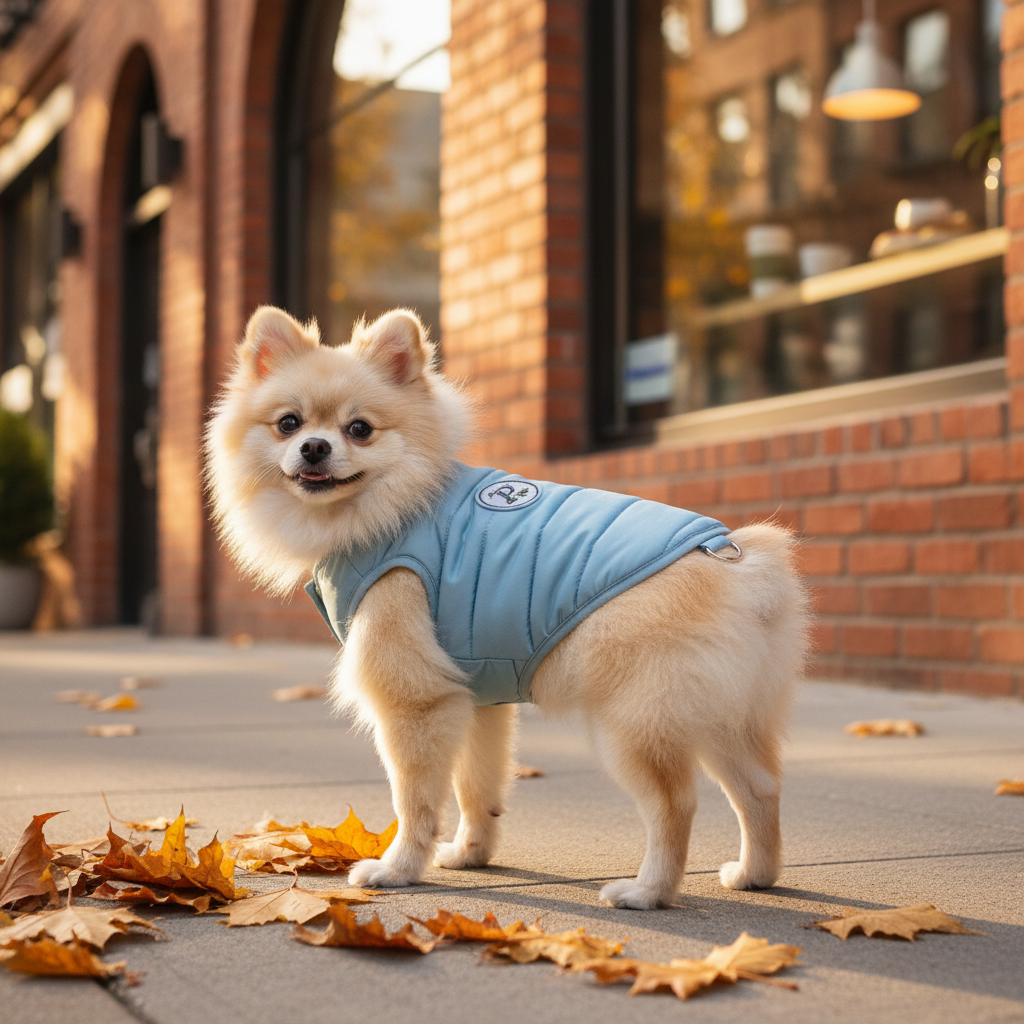 Light blue cotton puffer dog vest, sleeveless with front closure