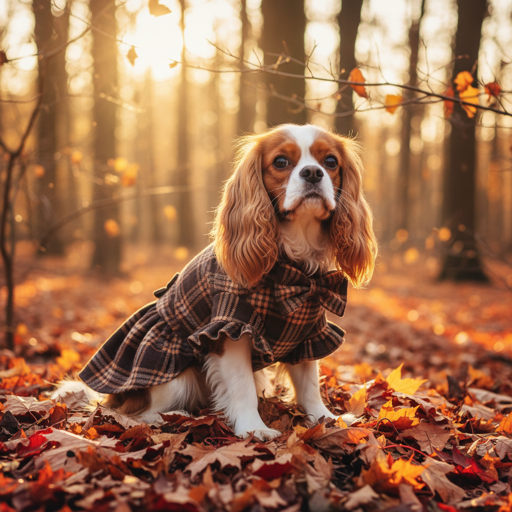 Cavalier dog wearing brown plaid pet sweater dress with ruffle collar bow