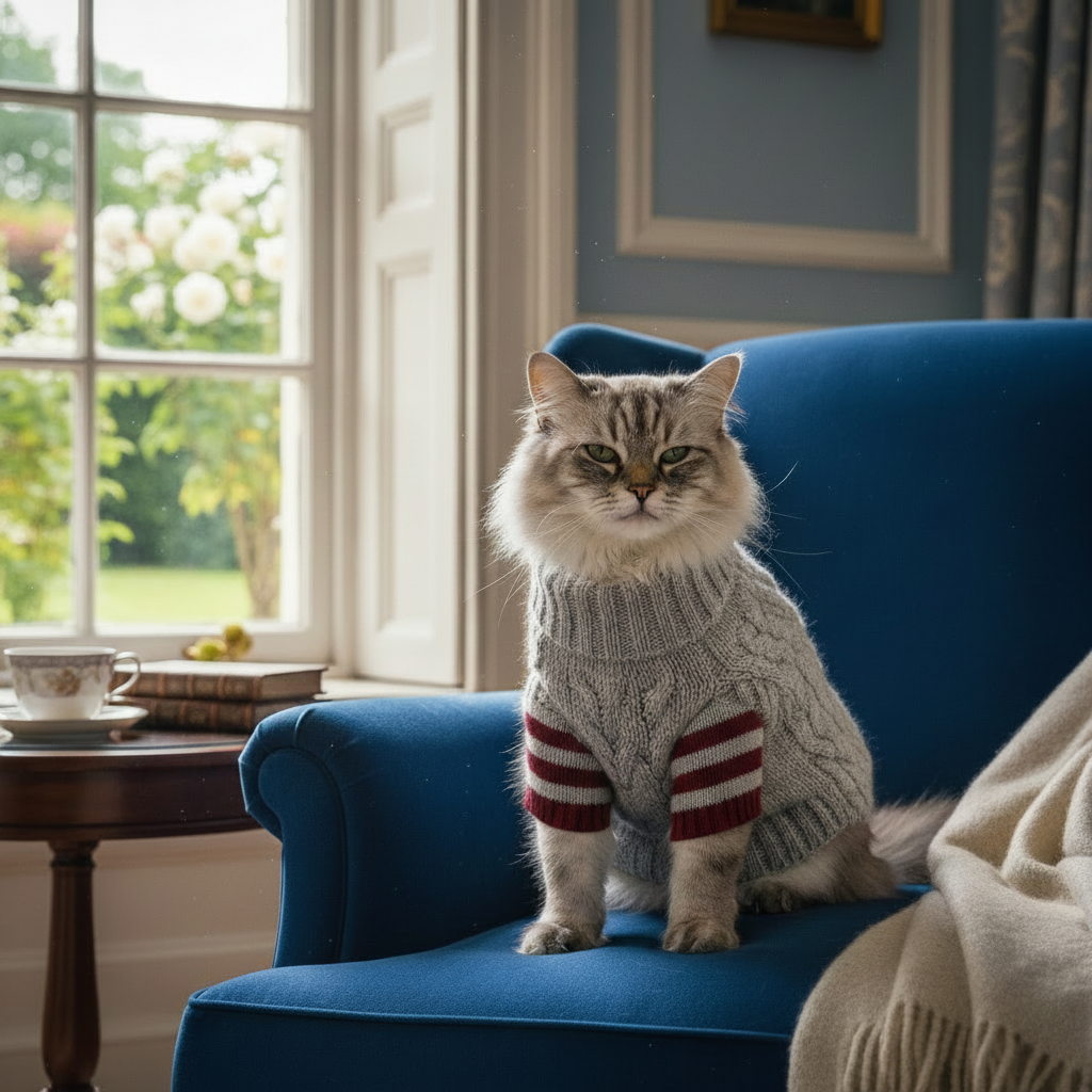 Grey knit cat sweater with ribbed texture and white-and-red striped sleeve cuffs